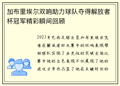 加布里埃尔双响助力球队夺得解放者杯冠军精彩瞬间回顾