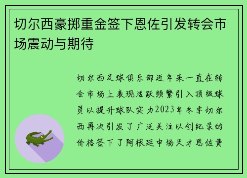 切尔西豪掷重金签下恩佐引发转会市场震动与期待